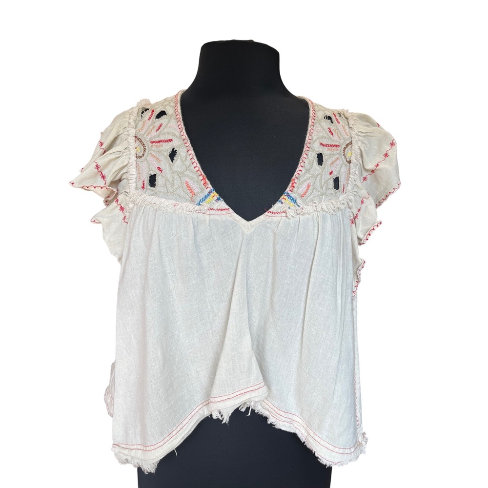 Free People Embroidered Boho V-Neck Ruffle Sleeve Blouse Ivory Small